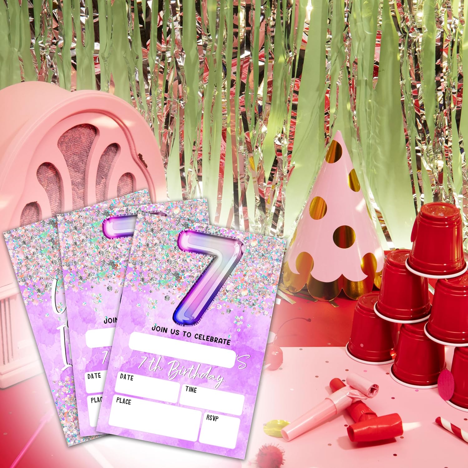 7Th Birthday Invitation Cards, Holographic Balloons Double-Sided Fill In Style Birthday Invites With Envelopes, Glitter Purple 7 Years Old Invitations For Girls, Teen, Party Favor & Supplies - A09