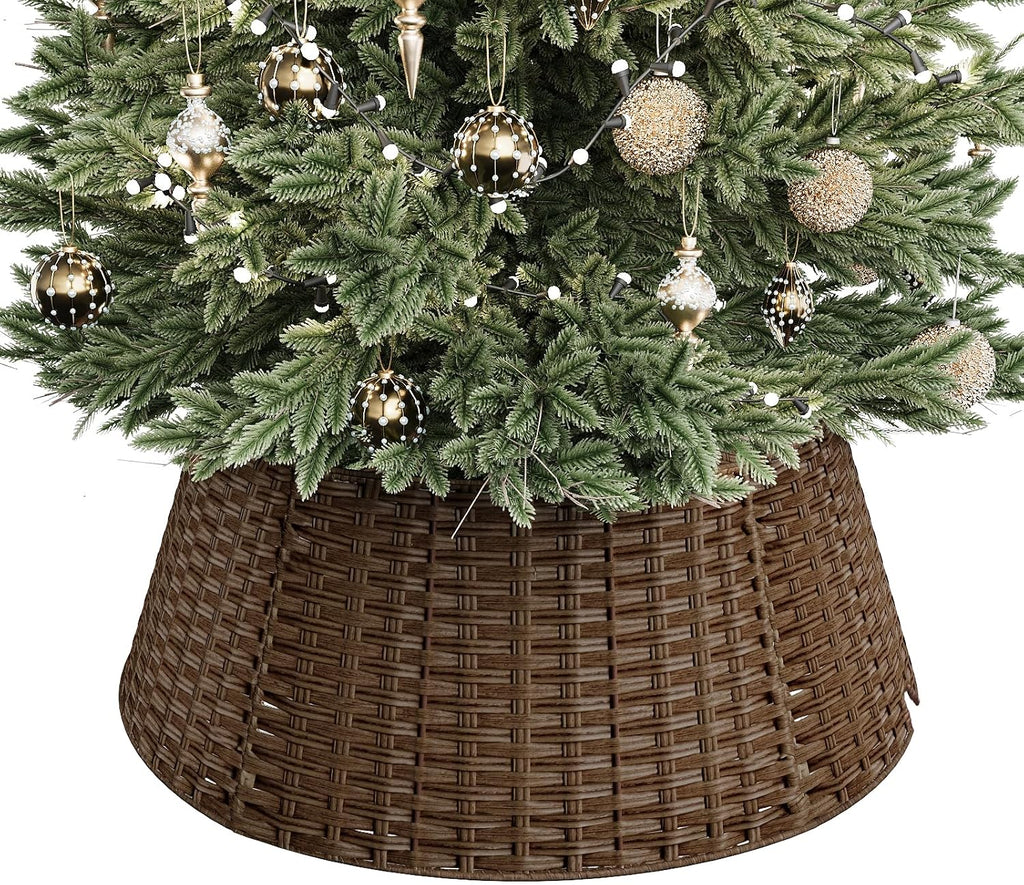 ELYKEN Wicker Christmas Tree Collar for 7.5 ft Trees, 28 Inch Woven Xmas Tree Skirt, Stylish Rustic Farmhouse Basket for Tree Base Cover with Cord Cut-Out for Pencil Tree, Brown