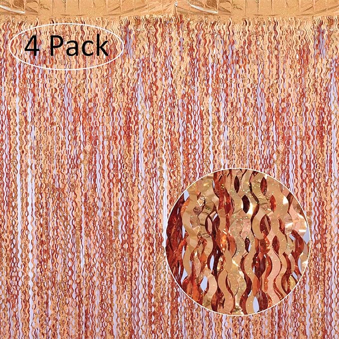 4 Pack 3.3x6.6ft Wavy Orange Foil Fringe Backdrop Curtains -Tinsel Streamers Metallic Foil Fringe Backdrop Door for Halloween, Graduation,Baby Shower,Gender Reveal