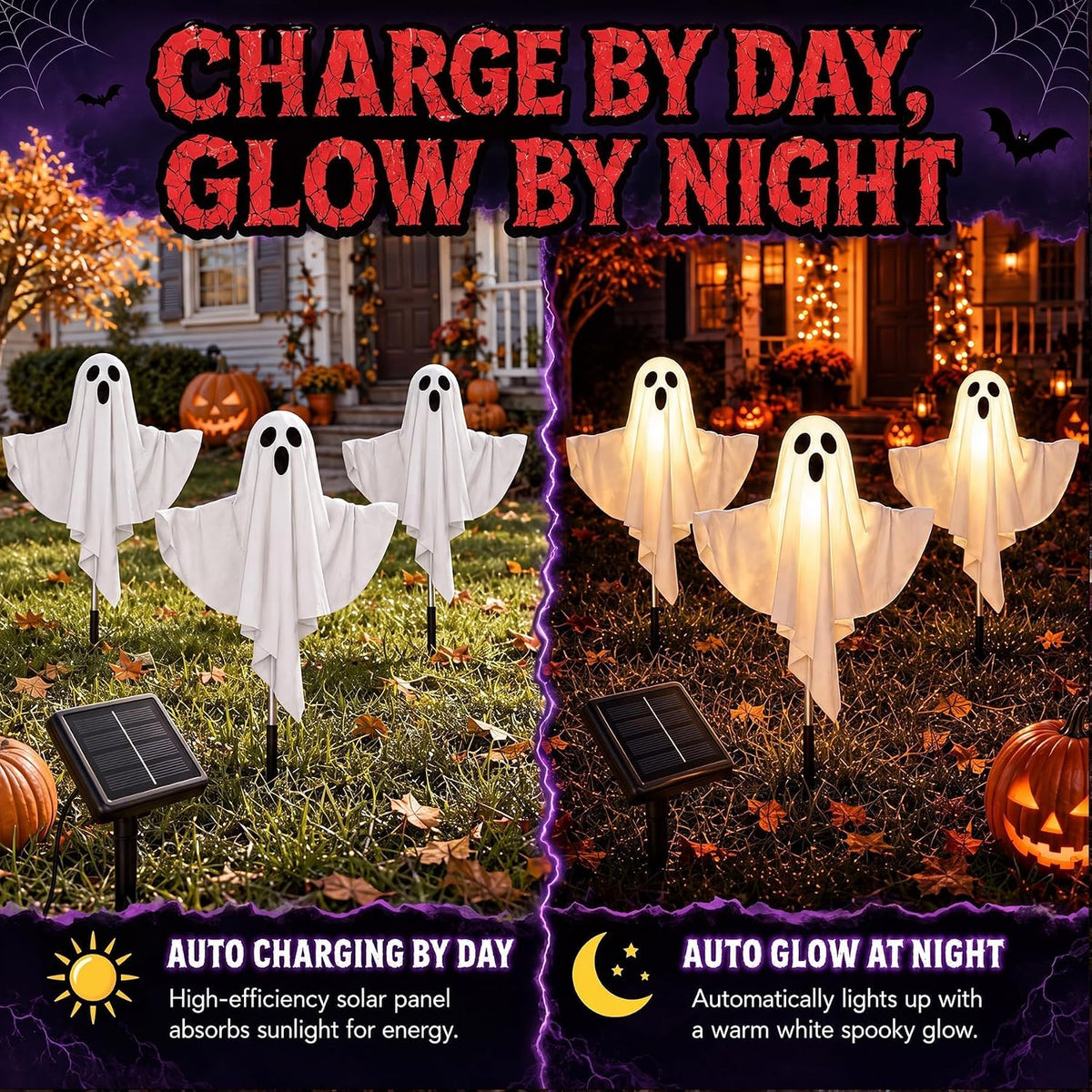 Solar Halloween Decorations Outdoor Lights, Solar Halloween Lights 3 Pack, Gl...