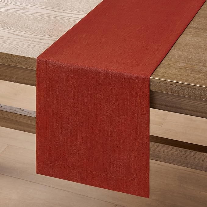 ZeeMart Linen Textured Border Table Runner, 14 x 60 Inch Orange, Farmhouse Style Burnt Orange Fall Table Runners 60 Inches Long, Easy Care Everyday Polyester Table Runner