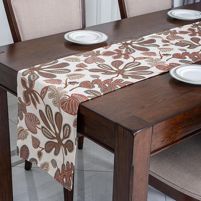 Mika Home Tropical Leaf Table Runner for Home Decor 13X72 Inches Coral Brown Seasonal Dining Table Decoration for Home