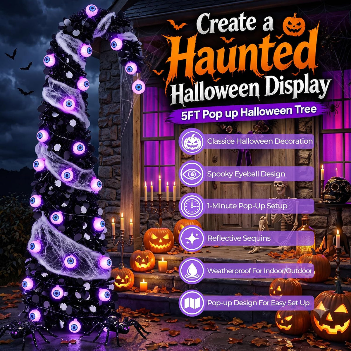 5ft pop up halloween tree with 35 purple shown in use
