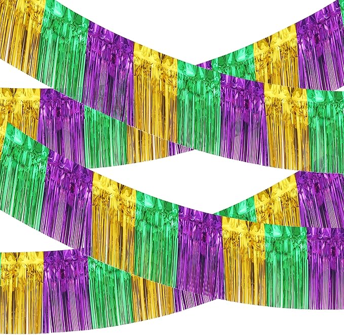 4 Pack 10 Feet Green Gold Purple Foil Fringe Garland Metallic Tinsel Streamers Banner Fringe Backdrop Banner for Parade Floats Mardi Gras Birthday Party Homecoming Decoration (Green Gold Purple)…