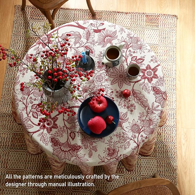 ISAENNE Designer French Linen Small Round Tablecloth,Red Floral Washable Indoor Table Cloth,Durable Home Decor Tablecloths for Dining Thanksgiving Kitchen Party Christmas,Diameter 55"-Ruyi A