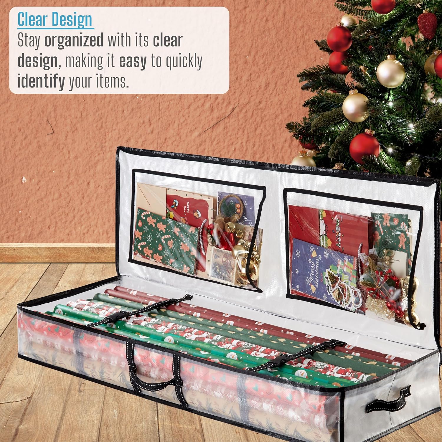 VENO 2 Pack Clear Wrapping Paper Organizer Storage Box for Christmas Gift Bags and Holiday Accessories, Underbed Storage Container with Interior Pockets, 40 Inches Long Fits 24 Rolls (2 Pack)