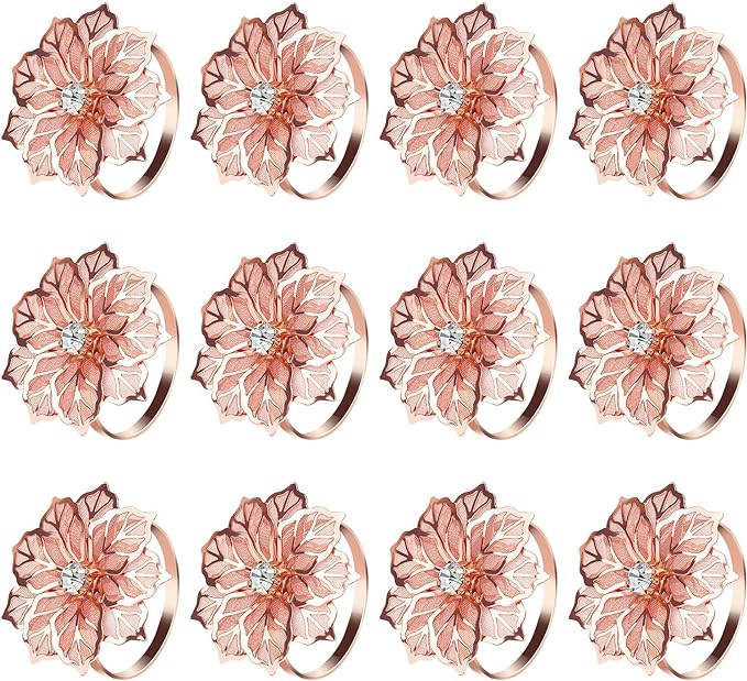KPOSIYA Hollow Out Flower Napkin Ring Holder Metal Napkin Rings Set of 20 for Wedding Party Holiday Banquet Christmas Dinner Delicate Serviette Buckles Decor Favor (20, Flower-Rose Gold)