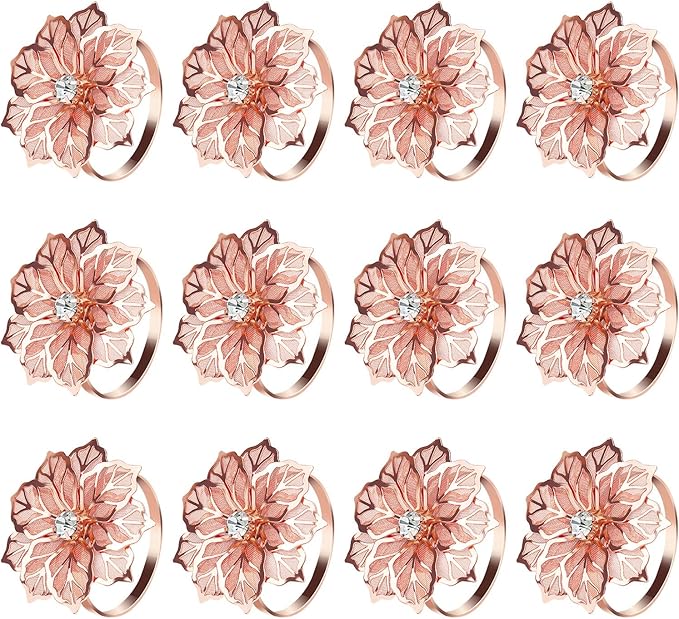 KPOSIYA Flower Napkin Rings Holder Metal Rose Gold Napkin Rings Set of 12 for Wedding Party Holiday Banquet Christmas Dinner Delicate Serviette Buckles Decor Favor (12, Rose Gold)