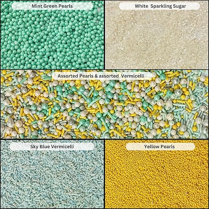 Confect Cake Sprinkles Mix Pack of 5 – Sky Blue, Yellow & White – Pearl Dragees, Jimmies, Sparkling Sugar – Baking Decorations for Cakes, Cupcakes, Cookies & Desserts- Vegan, Gluten-Free, Nut-Free, Soy-Free, Dairy-Free, Palm Oil-Free- 5 Oz