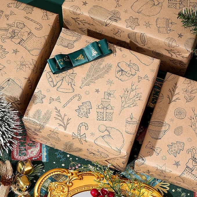 Ulmasinn Vintage Christmas Wrapping Paper Roll - Brown Kraft Paper 17" x33ft - with Cutting Line, Hand-Drawn Holiday Elements, Xmas Gift Wrap for Presents, Table Decor & Crafting