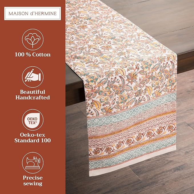 Maison d' Hermine Table Runner 100% Cotton Double Layer Table Runners 108 inches Long for Thanksgiving Christmas Decorations Home Kitchen Dining Party Wedding (Nila, 14.5" x 108")