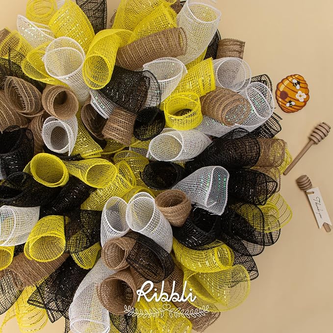 Ribbli 2 Rolls Yellow Mesh Ribbon,10 inch x 30 feet(10Yard) Each Roll,Metallic Yellow with Gold Foil,Use for Wreath Swags and Decorating