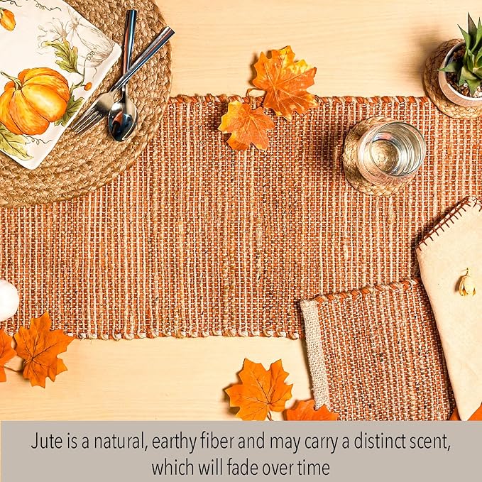 Chardin home Natural Jute Table Runner 13x90 Inch – Vintage Boho Rustic Table Decor – Handwoven Table Runner in Natural Jute and Rust Orange – Farmhouse Dining or Console Table Accent