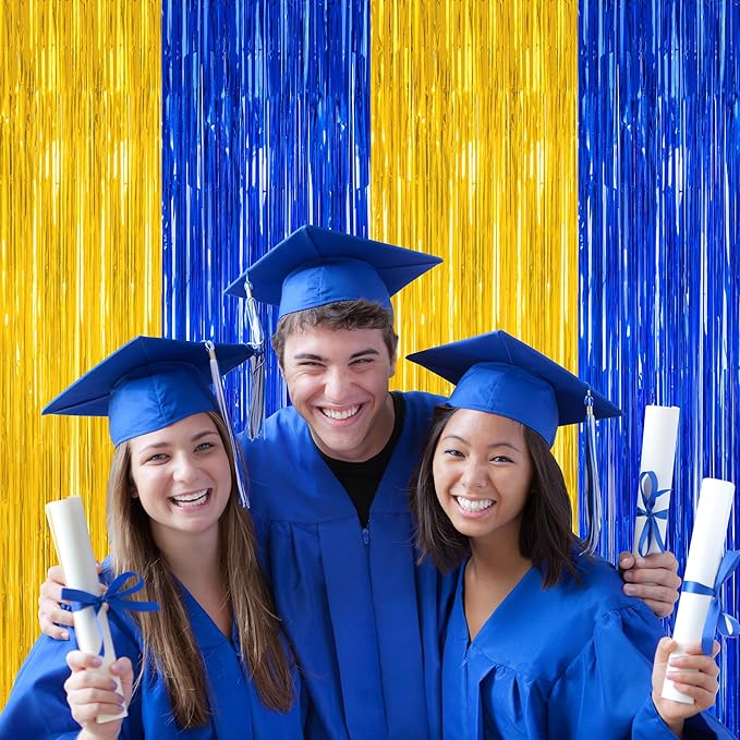 2 Pack Graduation Backdrop, 3.28 FT x 7.05 FT Class of 2025 Decorations, Blue Gold Fringe Curtains Tinsel Backdrop Party Streamer, Metallic Blue and Gold Graduation Decorations 2025