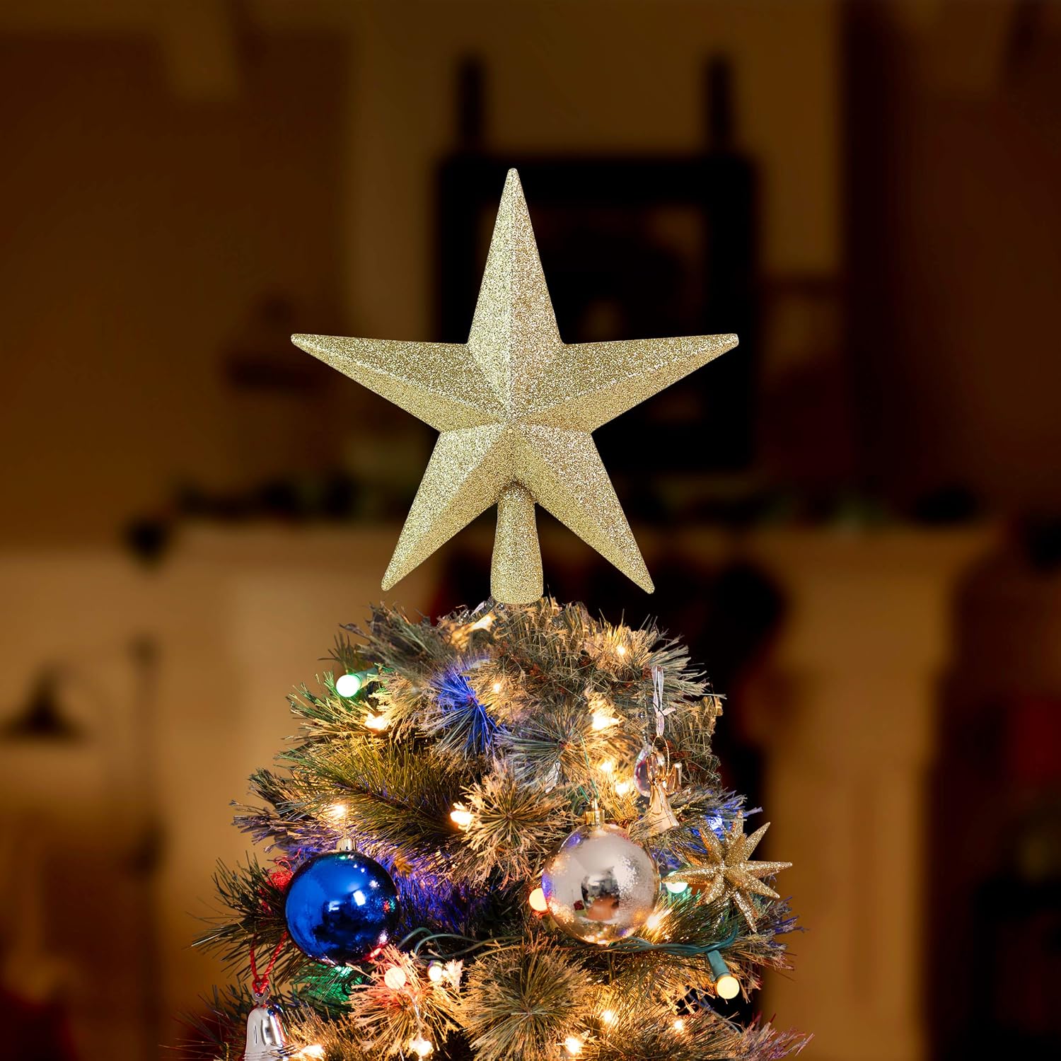 Ornativity Glitter Star Tree Topper - Christmas Gold Decorative Holiday Bethlehem Star Ornament