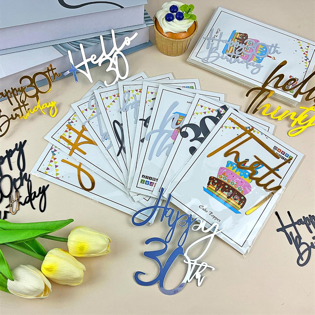 24 PCS 30th Birthday Cake Topper 8 Styles in Gold Black Silver Acrylic Thirty Cake Topper for Birthday Party Decorations
