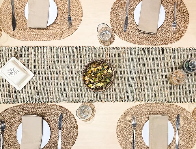 Chardin home Natural Jute Table Runner 13x90 Inch – Vintage Boho Rustic Table Decor – Handwoven Table Runner in Natural Jute and Green – Farmhouse Dining or Console Table Accent