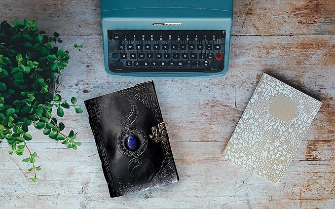 cuero 3 Moon Blue Lapiz Embossed Vintage Leather Journal | 240 Pages of Antique Handmade Deckle Edge Vintage Paper, Leather Sketchbook, Drawing Journal, Great Gift (6 inch by 8 inch, black)