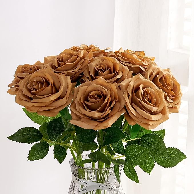 Artificial Rose 10pcs Open Flower Bouquet Faux Rose Stems for Wedding Arrangement, Bridal Bouquet, Centerpiece, Fake Faux Silk Flowers (Toffee)