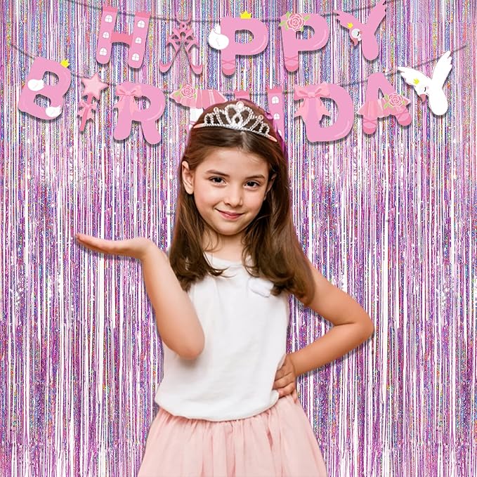 Pink Tinsel Curtain Party Backdrop - GREATRIL Foil Fringe Curtain Lilac Pink Party Streamers for Birthday Girl Princess Bachelorette Euphoria Taylor Themed Party Decorations - 2 Packs