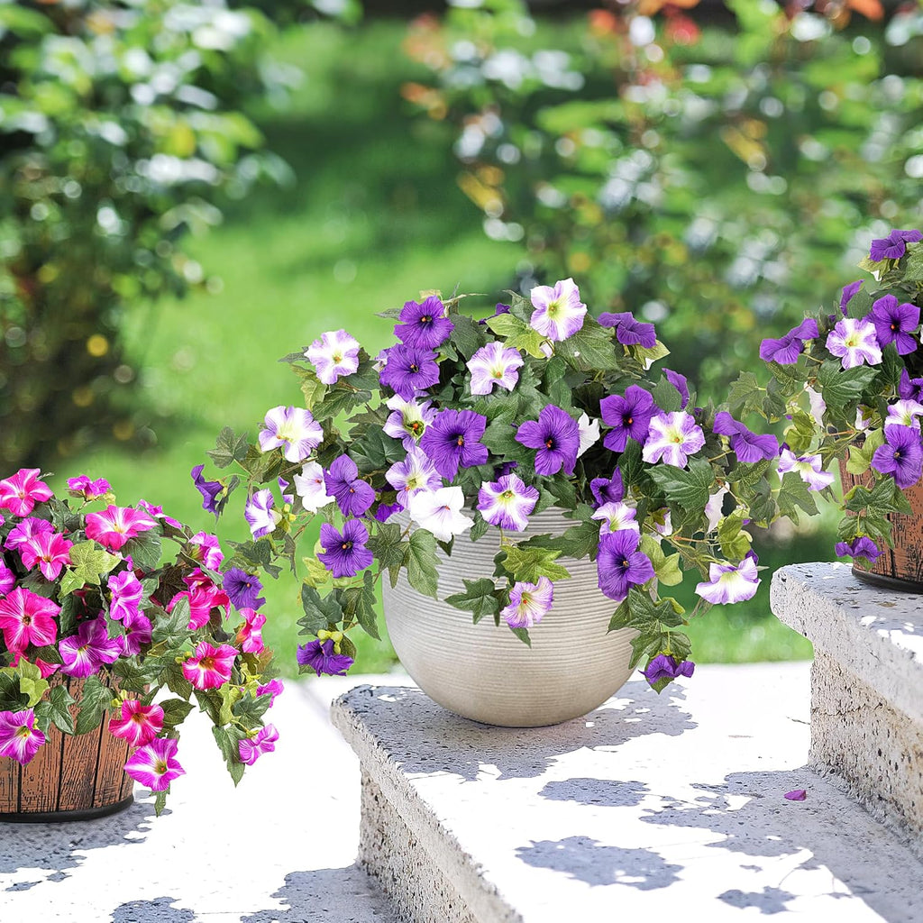 Ammyoo Artificial Fake Flowers Plants for Outdoor Decoration, 2PCS Faux Petunias Silk Flower UV Resistant No Fade for Home Outside Garden Balcony Yard Porch Realistic Indoor Decor (Purple White)