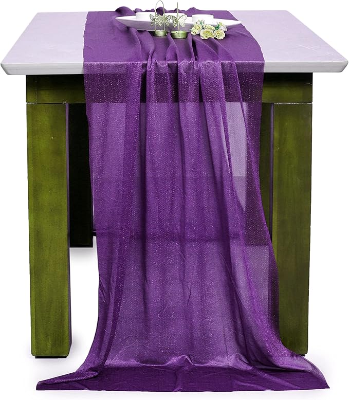 MDS 25 Pack 10ft Chiffon Table Runner 29 x 120 Inches Sheer Wedding Runner Romantic Rustic Table Runner for Wedding Decorations, Birthday Parties, Bridal Shower Party Arch Decor - Cadbury Purple