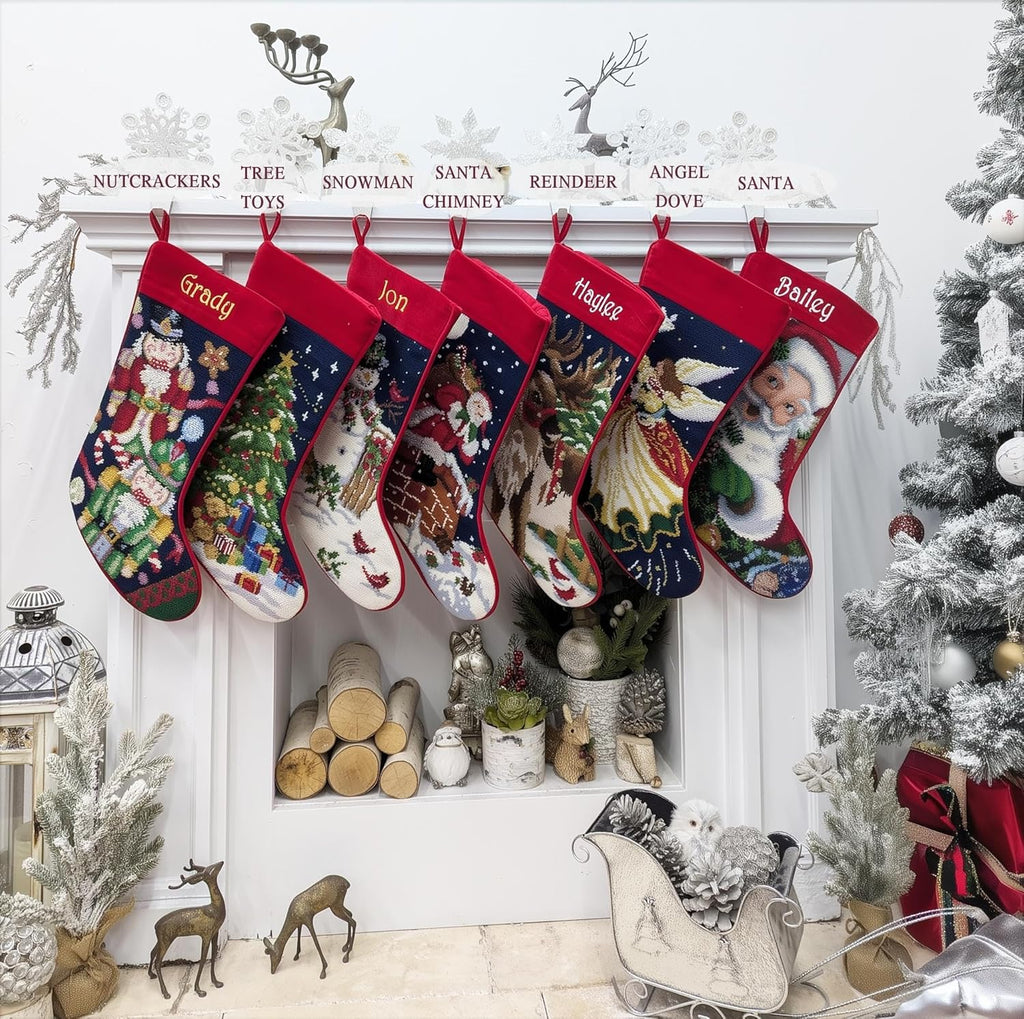 Santa on Chimney Needlepoint Christmas Stocking - Personalized Name Embroidery Family Holiday Keepsake Décor