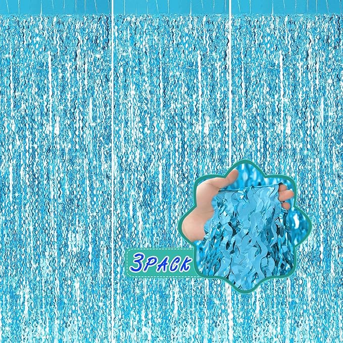3 Pack Blue Wavy Tinsel Foil Fringe Curtain - 6.6 ft x 3.3 ft Foil Backdrop Photo Booth Props for Mermaid Birthday Under The Sea Party,Baby Shark Birthday Decorations