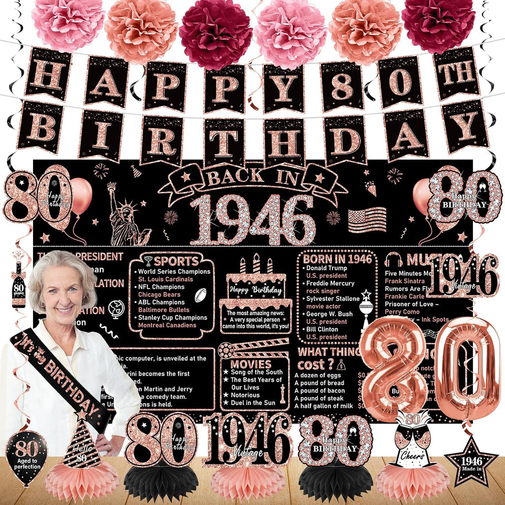 Zirtorei 80th Birthday Decorations for Women, 21pcs the Year 1946 Banner Balloon Party Supplies, Rose Gold 80 Year Old Birthday Backdrop, 80 Bday Honeycomb Centerpiece Hanging Swirls Sash Gifts