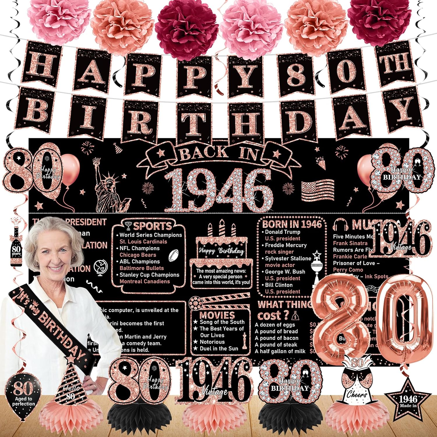 Zirtorei 80th Birthday Decorations for Women, 21pcs the Year 1946 Banner Balloon Party Supplies, Rose Gold 80 Year Old Birthday Backdrop, 80 Bday Honeycomb Centerpiece Hanging Swirls Sash Gifts