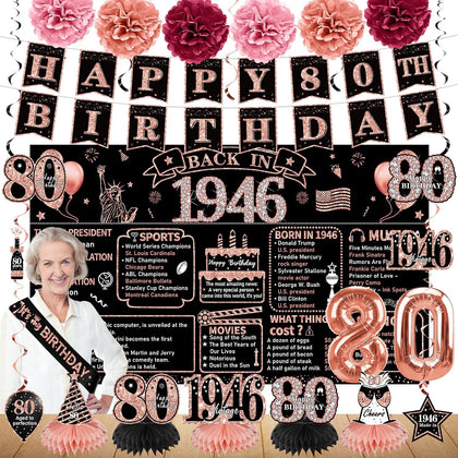 Zirtorei 80th Birthday Decorations for Women, 21pcs the Year 1946 Banner Balloon Party Supplies, Rose Gold 80 Year Old Birthday Backdrop, 80 Bday Honeycomb Centerpiece Hanging Swirls Sash Gifts