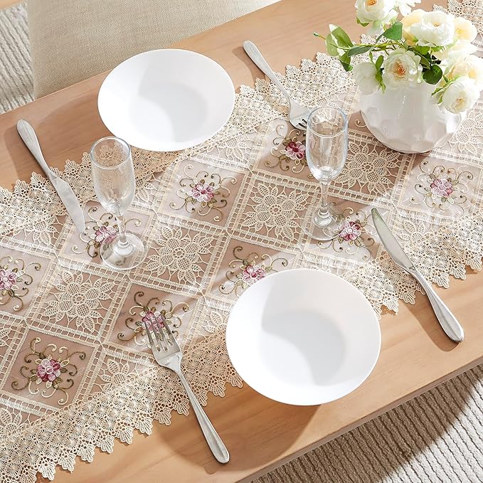 Warm Home Designs Gold Lace Table Runner. Embroidered with Intricate Flower Design. Can Be Used As Dresser Scarf or Dining Table Runner. VTR Linen 48