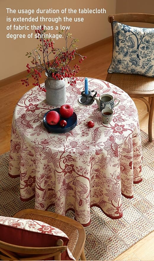 ISAENNE Designer French Linen Round Tablecloth,Red Floral Washable Indoor Table Cloth,Durable Home Decor Tablecloths for Dining Thanksgiving Kitchen Party Christmas,Diameter 67"-Ruyi A