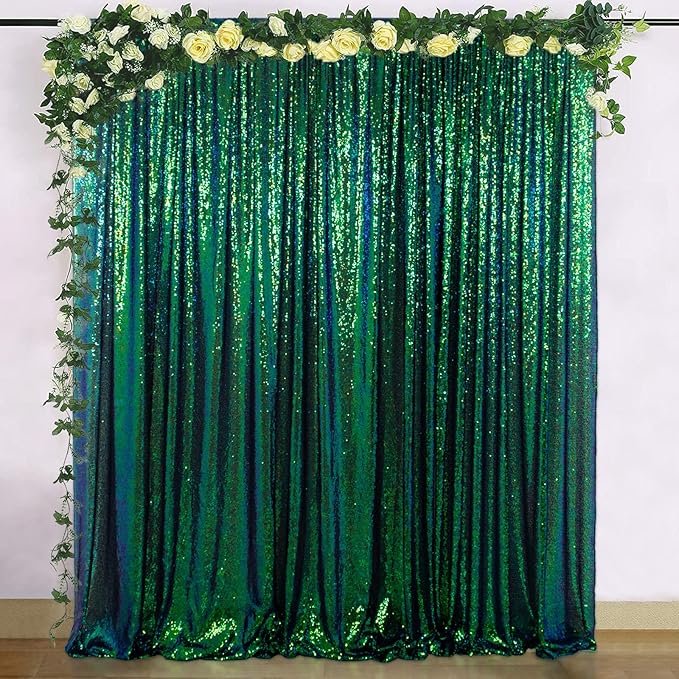 ShinyBeauty Iridescent Green Sequin Backdrop Curtain 5FTx10FT 2 Panels - Perfect for Party, Wedding & Christmas Decorations | Sparkly & Durable Photo Studio Backdrop Backgrounds