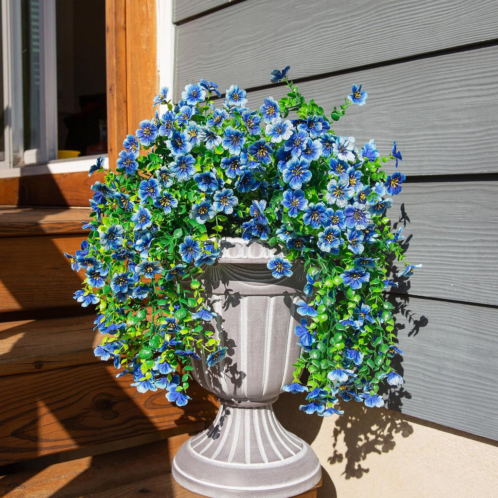 HyeFlora Artificial Flowers for Outdoors Decoration, 2Pcs Blue Fake Hanging Spring Summer Decor, Lifelike Plants, UV & Fading Resistant Flower for Porch Patio Balcony Planter Yard Home Garland