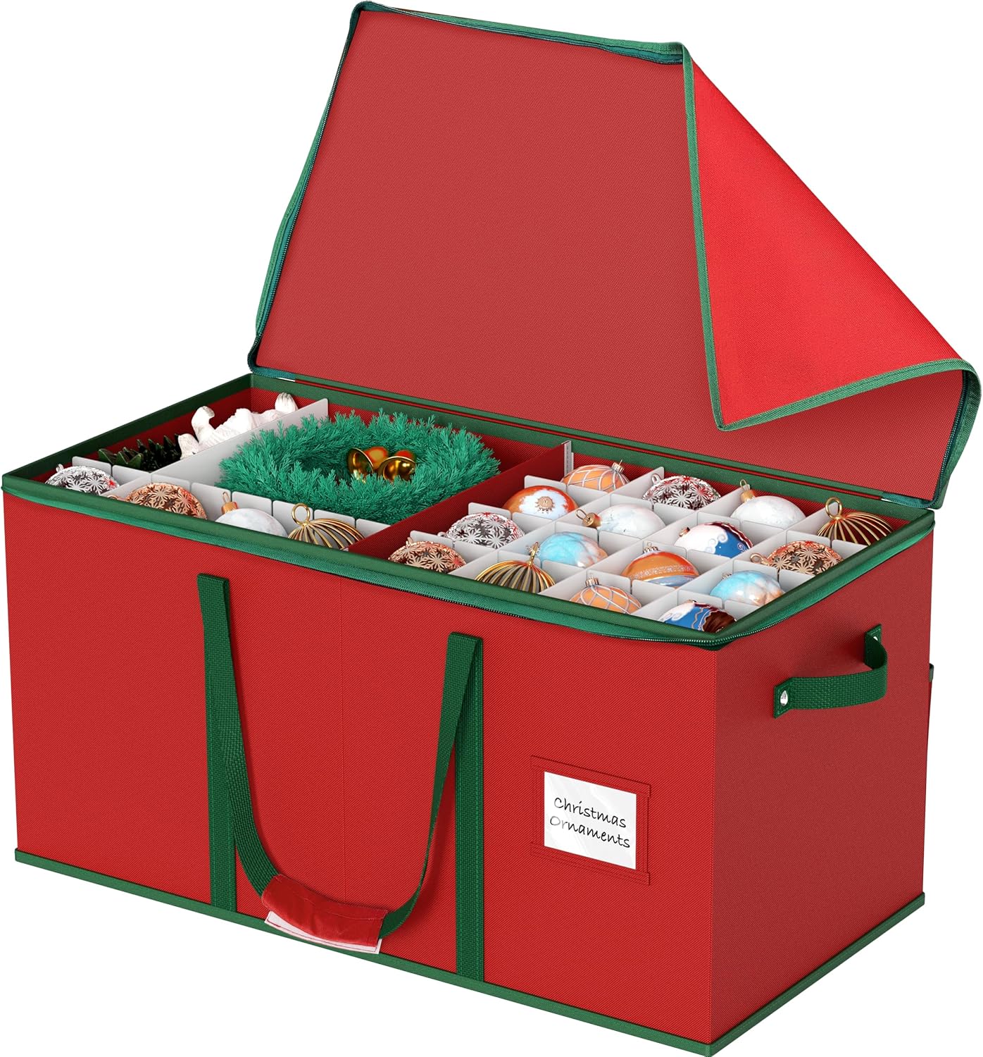 Simple Houseware Heavy-Duty Large Christmas Ornament Storage Box with Adjustable Dividers, Stores up to 128 Ornaments, Zipper Lid, Red