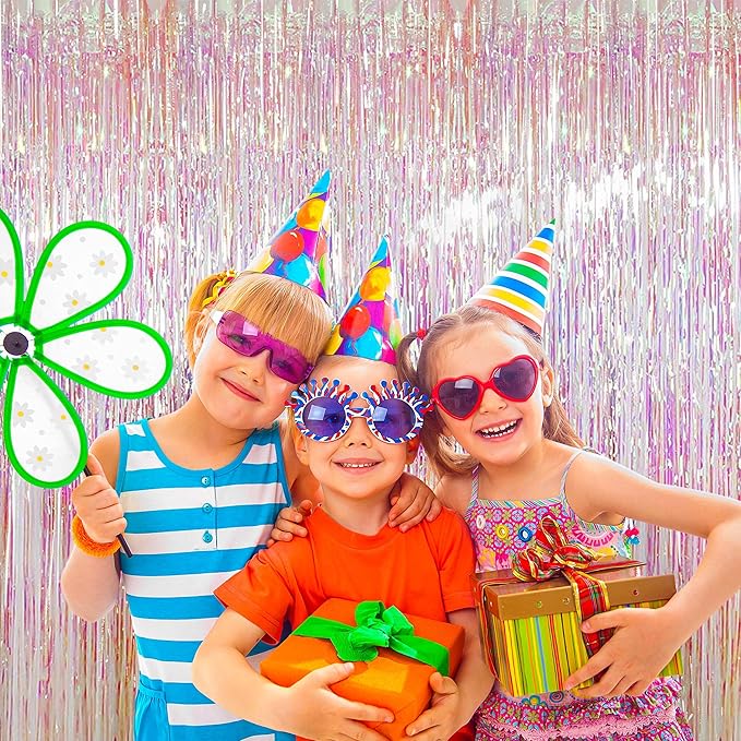 BTSD-home 4 Pack Iridescent Backdrop Transparent Clear Foil Fringe Curtain, Metallic Photo Booth Tinsel for Mermaid Frozen ERAS Wedding Birthday Baby Shower Bachelorette Party Decorations(8ft x 3ft)