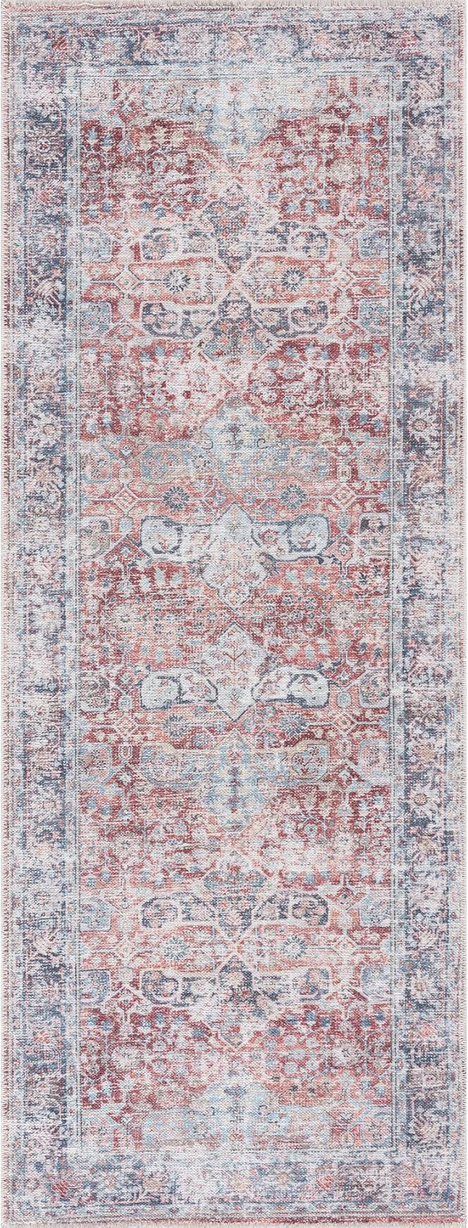 Bloom Rugs Caria Washable Non-Slip 12 ft Runner - Brick/Dark Blue Traditional Runner for Entryway, Hallway, Bathroom, and Kitchen - Exact Size: 2'6" x 12'