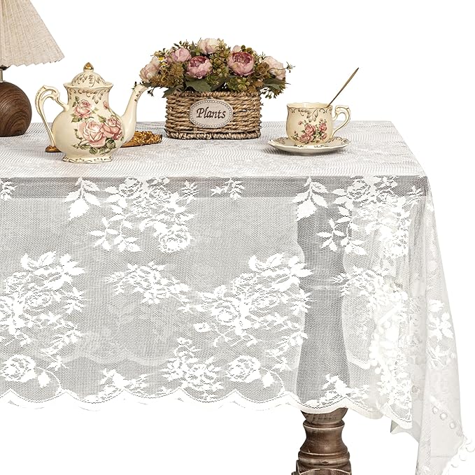 Jayla White Lace Tablecloth for Rectangular Tables, Vintage Style Wedding Table Cloths for Reception, Baby Shower, Birthday Party, Formal Dining, Dinner Parties 60 X 102 Inches
