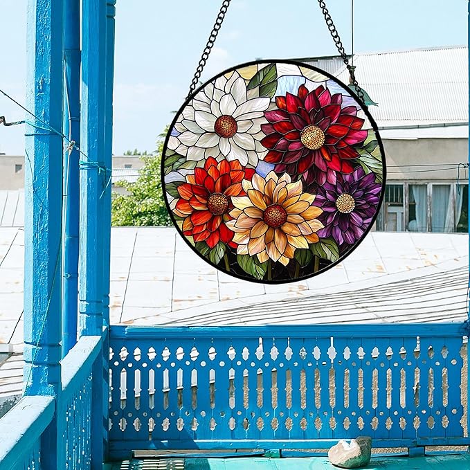 Stained Glass Window Hanging, Colorful Flowers Sun Catcher for Window Door Home Decor Plant Suncatcher Christmas Mother's Day Birthday Gifts for Women Men Mom and Nana 6.3 in