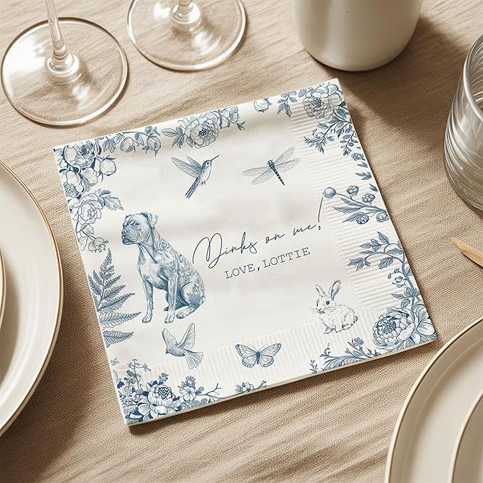 Luxury Personalized Dog Wedding Napkins, Custom Wedding Cocktail Napkins, Blue Floral Cocktail Napkin, Napkin for Pet Lovers, Anniversary, Bridal, Engagement Party, Bridal Shower