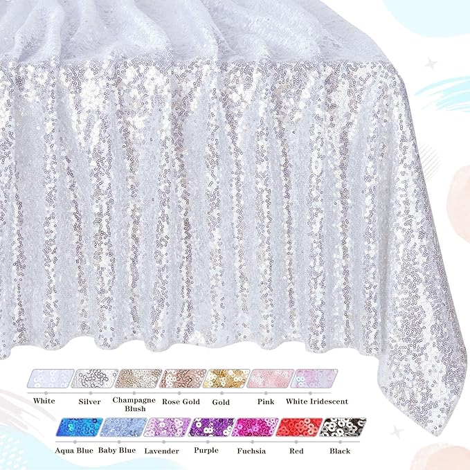 QueenDream Sequin Tablecloth Silver Rectangle Table Cloth - 50x80 Inch Glitter Fabric Overlay for Birthday Wedding Party