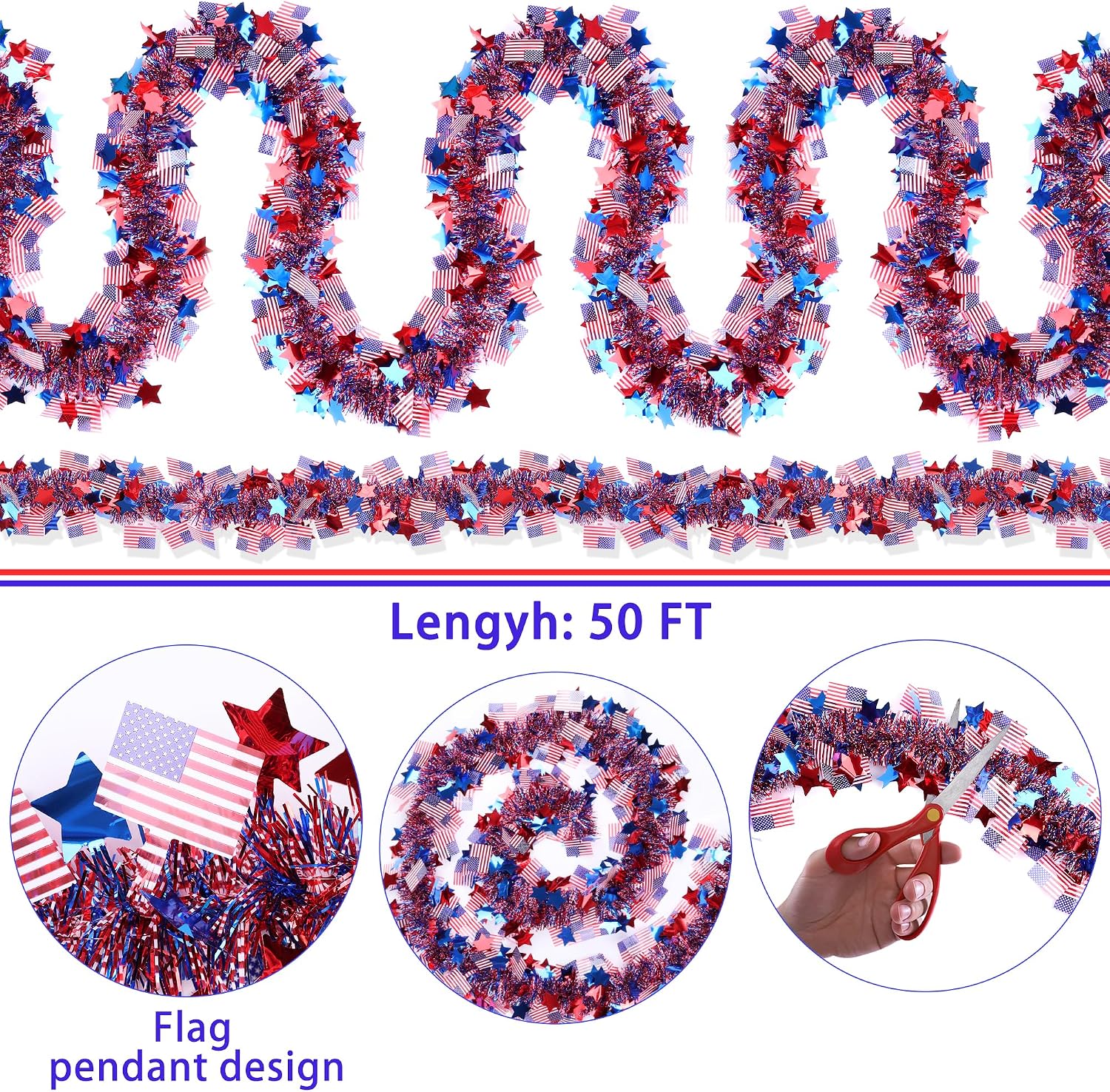 50FT Fourth of July Decorations Red White Blue Star American Flag Tinsel Garland, Glitter Patriotic Garland for Independence Day Memorial Day Decor Indoor Outdoor Patriotic Decor Party Home Classroom