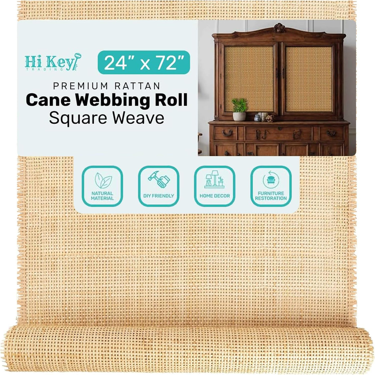 24" wide square weave rattan cane webbing roll, main product view