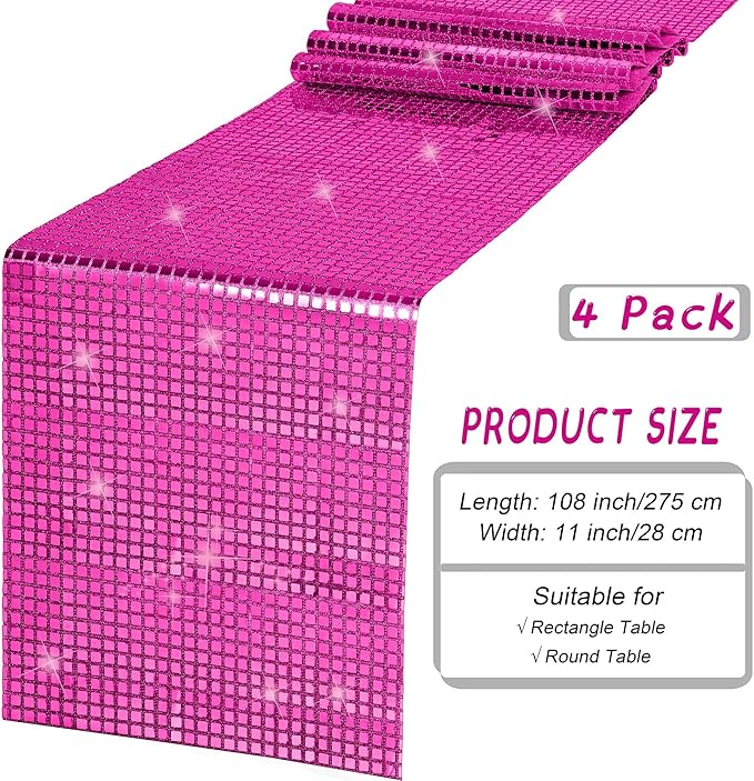 Durony 4 Pack Disco Table Runner 11 x 108 Inch Mirror Hot Pink Glitter Foil With Sparkle Sequin for Bachelorette, 70s, Cowgirl Party Decorations