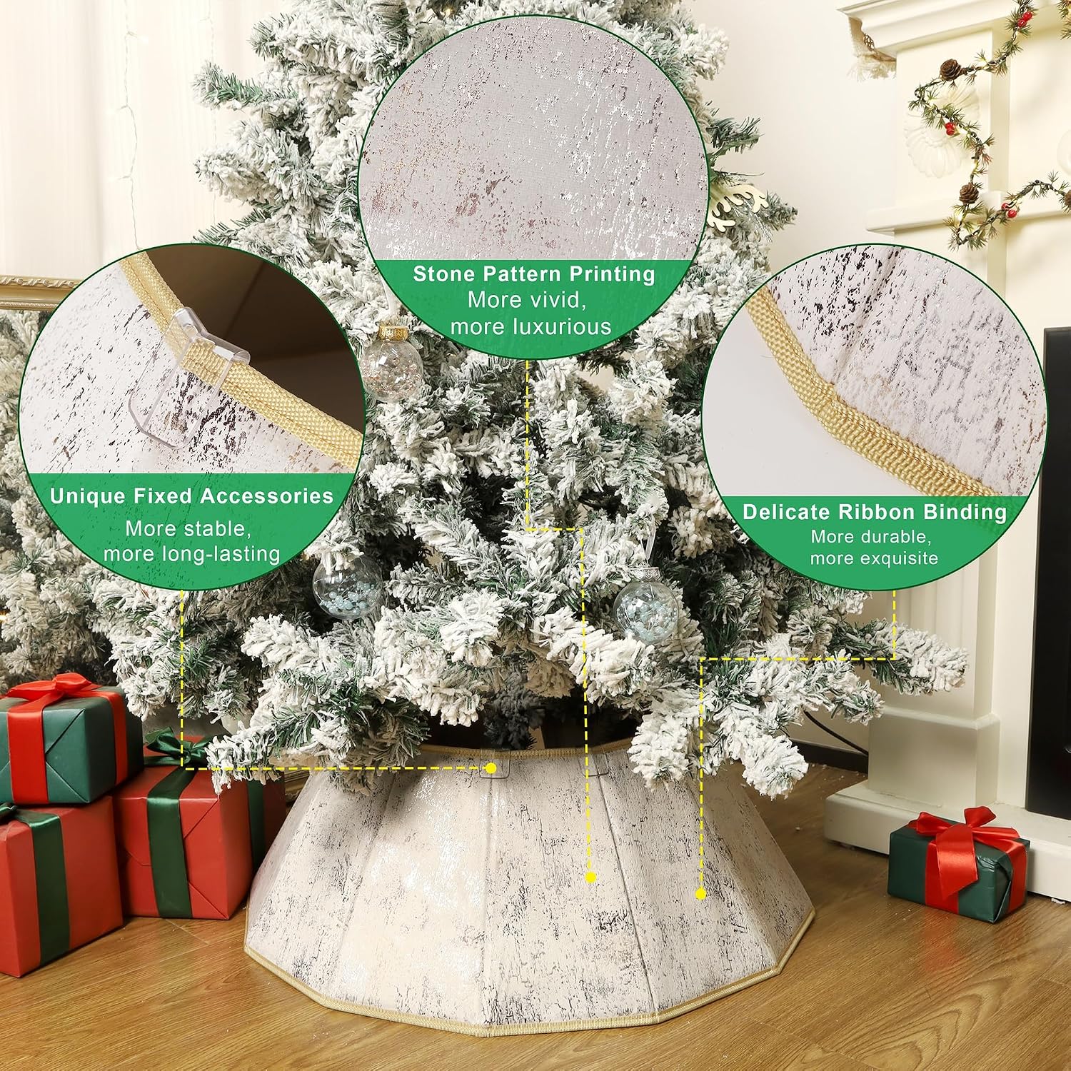 Blissun Fabric Christmas Tree Collar, Xmas Tree Ring, Willow Christmas Tree Skirt for Christmas Tree Decorations (Concrete Beige)