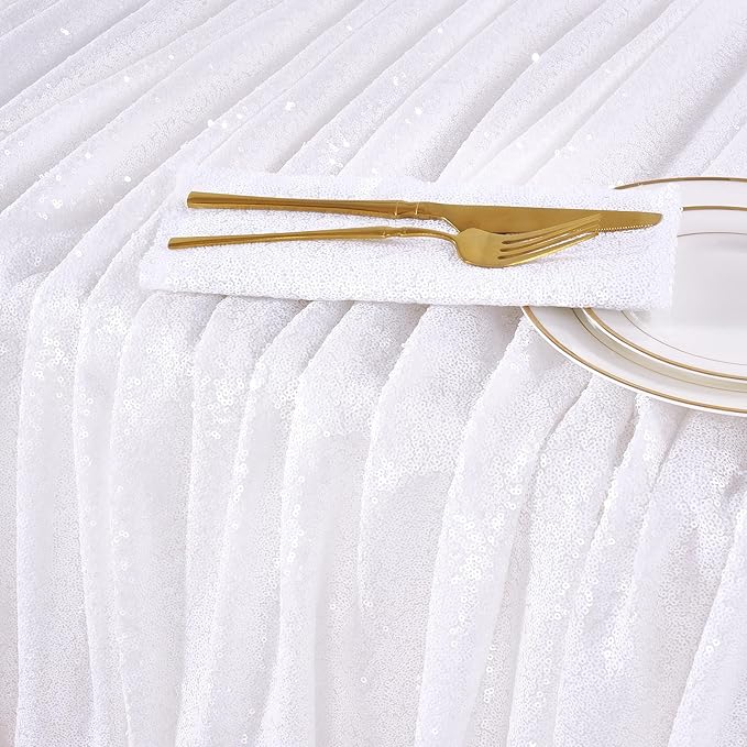 QueenDream White Wedding Tablecloth 90x90 Inch Sequin Fabric Table Cloths Rectangle Sparkle Anniversary Banquet Halls Christmas Decorations