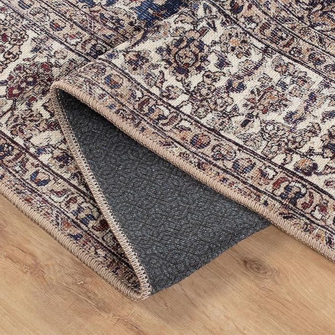 Bloom Rugs Washable Non-Slip 12 ft Runner - Dark Blue/Beige Traditional Medallion Runner for Entryway, Hallway, Bathroom, and Kitchen - Exact Size: 2.5' x 12'