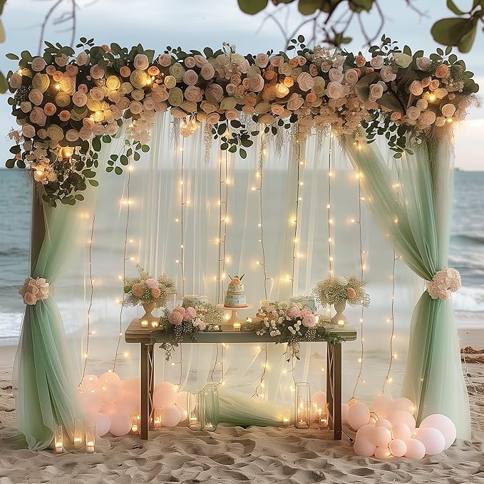 Fomcet Sage Green Tulle Backdrop Curtains with Lights String 10FT X 10FT Sheer Curtain with Lights Tulle Curtains Backdrop for Wedding Birthday Party Photo Shoot (2 Panels 5x10FT)