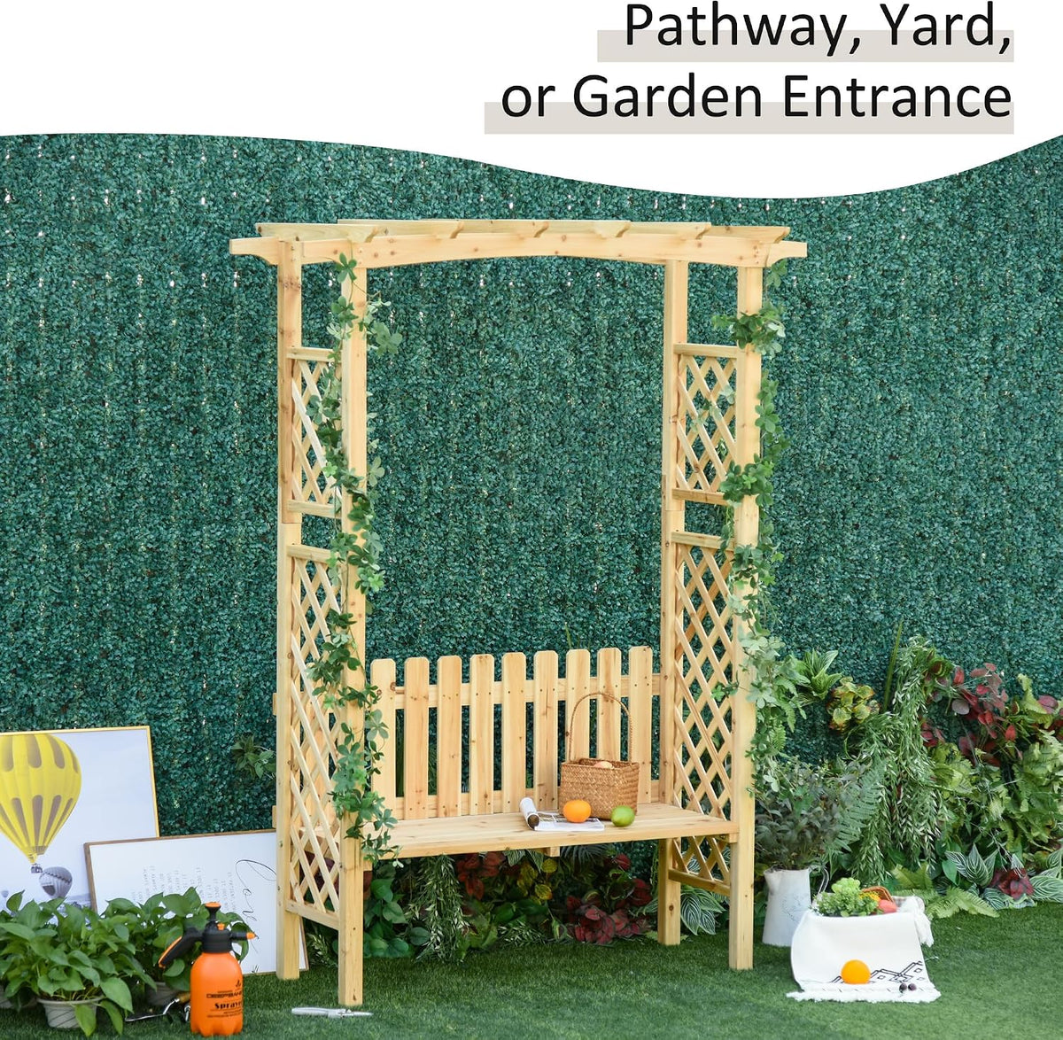 Outsunny Wooden Garden Arbor for Climbing Plants with Bench Natural